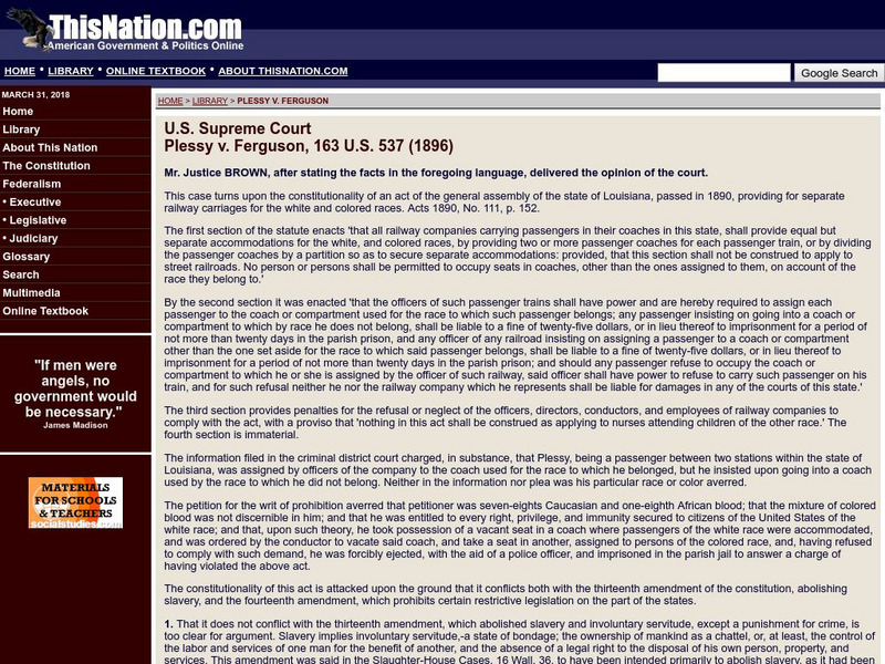 This nation.com: Plessy v. Ferguson (1896) Primary This nation.com: Plessy v. Ferguson (1896) Primary