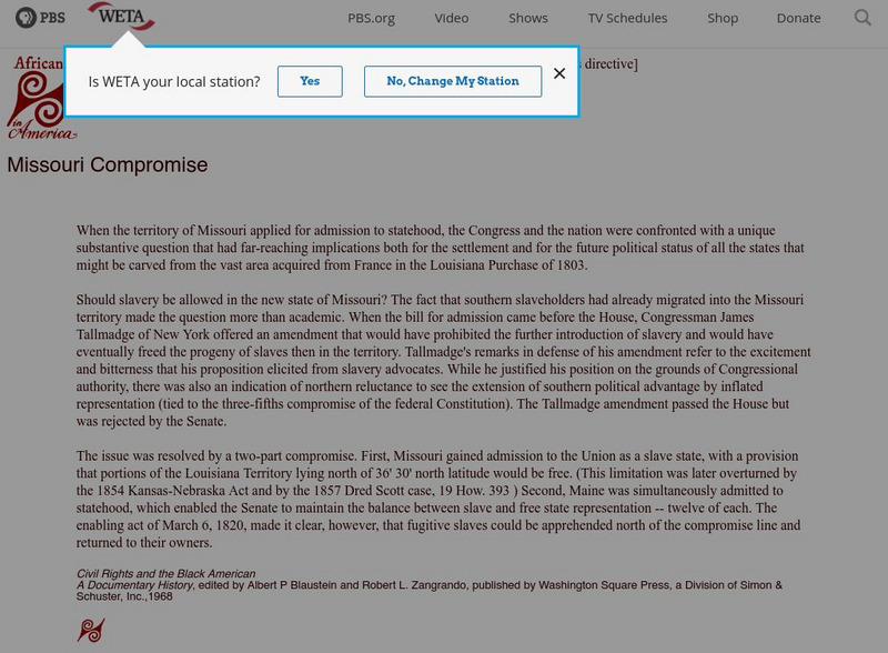 Africans in America: Missouri Compromise Article Africans in America: Missouri Compromise Article