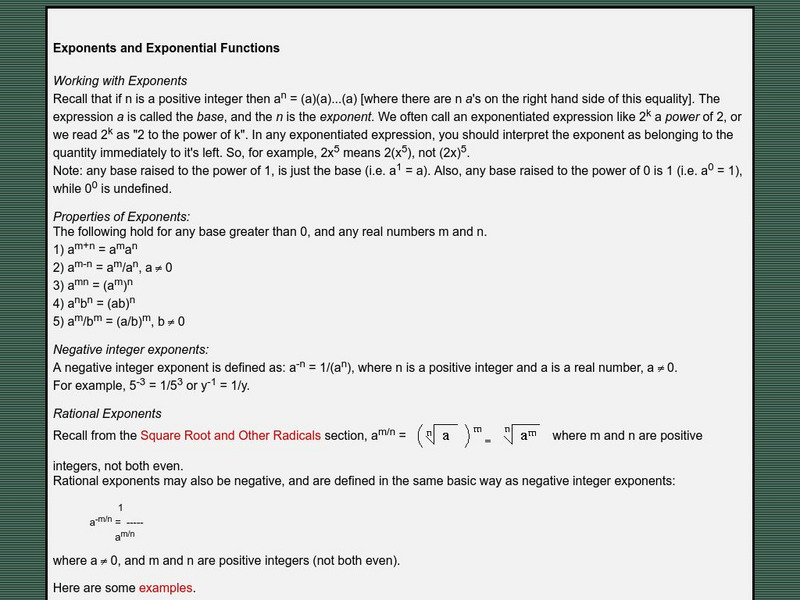 University of Saskatchewan: Exponents and Exponential Functions Activity