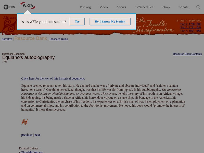 Africans in America: Equiano's Autobiography Article Africans in America: Equiano's Autobiography Article