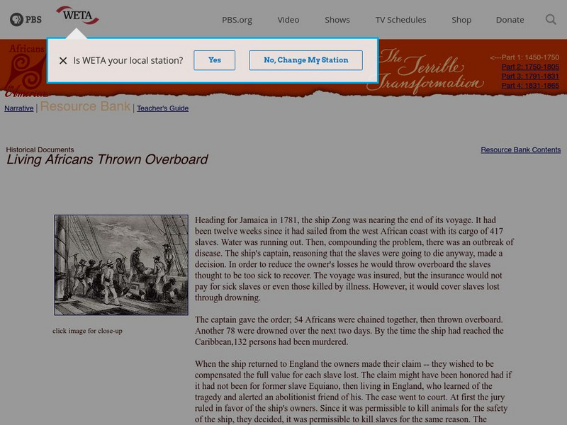 Africans in America: Living Africans Thrown Overboard Article Africans in America: Living Africans Thrown Overboard Article