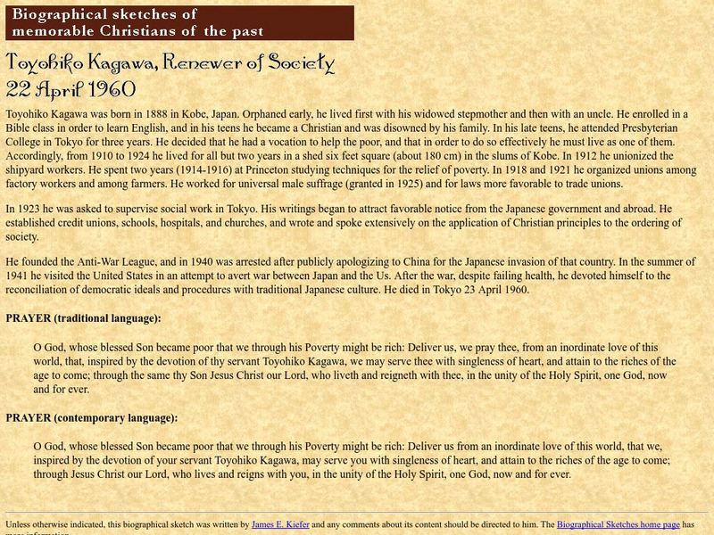 Toyohiko Kagawa, Renewer of Society Handout Toyohiko Kagawa, Renewer of Society Handout