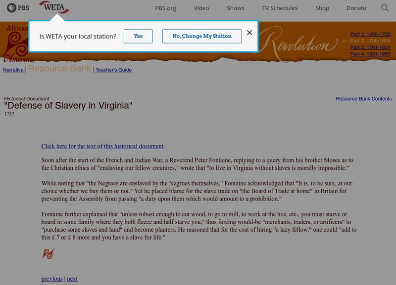 Africans in America: "Defense of Slavery in Virginia" Article Africans in America: "Defense of Slavery in Virginia" Article