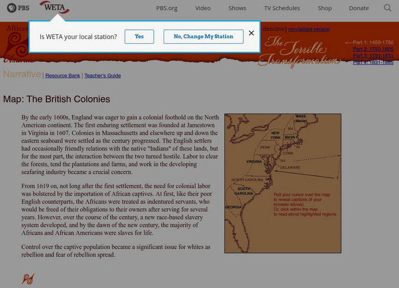 Africans in America: Map of the British Colonies Article Africans in America: Map of the British Colonies Article