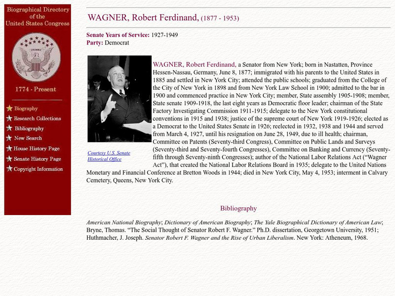 Loc: Biographical Directory of the u.s. Congress: Wagner, Robert Ferdinand Handout Loc: Biographical Directory of the u.s. Congress: Wagner, Robert Ferdinand Handout