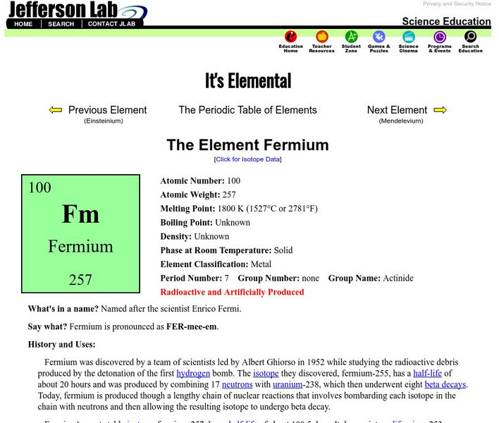 Jefferson Lab: The Element Fermium Handout Jefferson Lab: The Element Fermium Handout