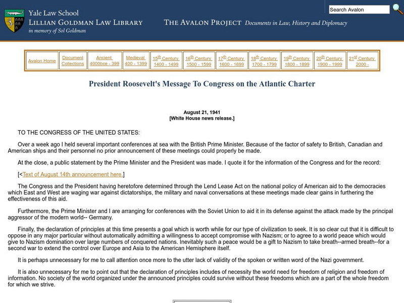 Yale: Avalon Project: Roosevelt's Message to Congress on the Atlantic Charter Primary Yale: Avalon Project: Roosevelt's Message to Congress on the Atlantic Charter Primary