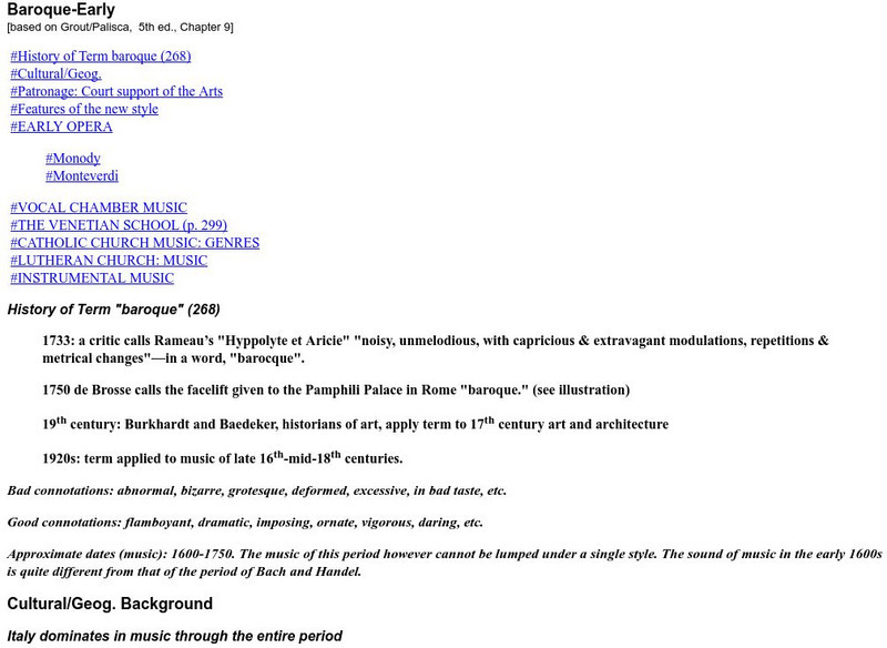 Wayne State College: Baroque Early [Based on Grout/palisca, 5th Ed., Ch 9] Handout