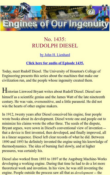 University of Houston: Engines of Our Ingenuity: Rudolf Diesel Article University of Houston: Engines of Our Ingenuity: Rudolf Diesel Article