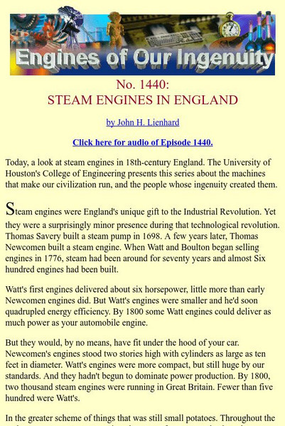 University of Houston: Engines of Our Ingenuity: Steam Engines in England Article University of Houston: Engines of Our Ingenuity: Steam Engines in England Article