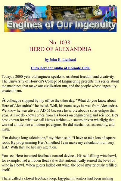 University of Houston: Engines of Our Ingenuity: Hero(n) of Alexandria Article University of Houston: Engines of Our Ingenuity: Hero(n) of Alexandria Article