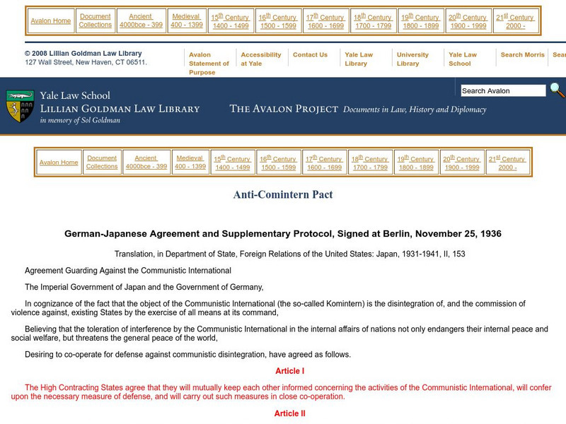 Yale: Avalon Project: Anti Comintern Pact: German Japanese Agreement Primary Yale: Avalon Project: Anti Comintern Pact: German Japanese Agreement Primary