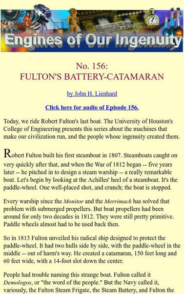 University of Houston: Engines of Our Ingenuity: Fulton's Battery Catamaran Article University of Houston: Engines of Our Ingenuity: Fulton's Battery Catamaran Article
