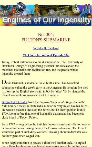 University of Houston: Engines of Our Ingenuity: Fulton's Submarine Article University of Houston: Engines of Our Ingenuity: Fulton's Submarine Article