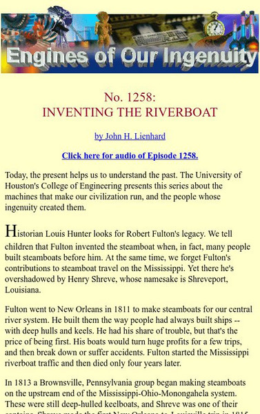 University of Houston: Engines of Our Ingenuity: Inventing the Riverboat Article University of Houston: Engines of Our Ingenuity: Inventing the Riverboat Article
