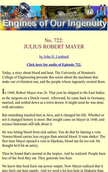 University of Houston: Engines of Our Ingenuity: Julius Robert Mayer Audio University of Houston: Engines of Our Ingenuity: Julius Robert Mayer Audio