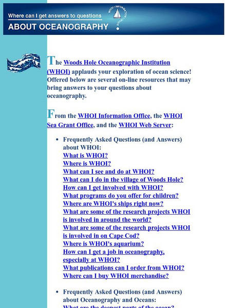 Woods Hole Oceanographic Institute: Where Can I Get Answers About Oceanography? Handout Woods Hole Oceanographic Institute: Where Can I Get Answers About Oceanography? Handout