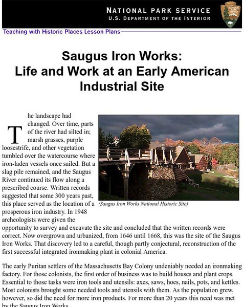 National Park Service: Saugus Iron Works: Life & Work at an Early American Site Unit Plan National Park Service: Saugus Iron Works: Life & Work at an Early American Site Unit Plan