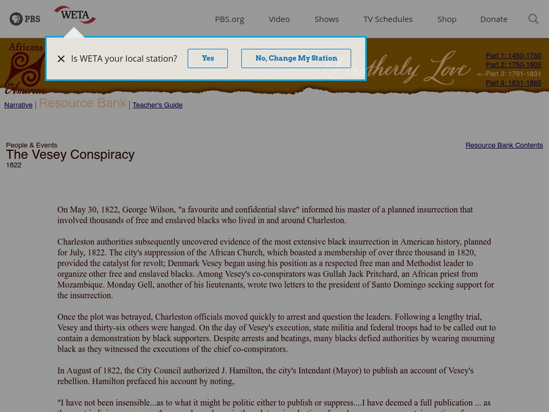 Pbe: Cet: Africans in America: The Vesey Conspiracy Article Pbe: Cet: Africans in America: The Vesey Conspiracy Article