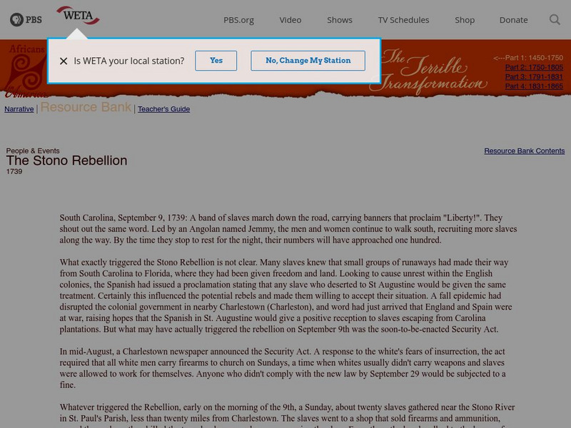 Pbs: Cet: Africans in America: The Stono Rebellion Article Pbs: Cet: Africans in America: The Stono Rebellion Article