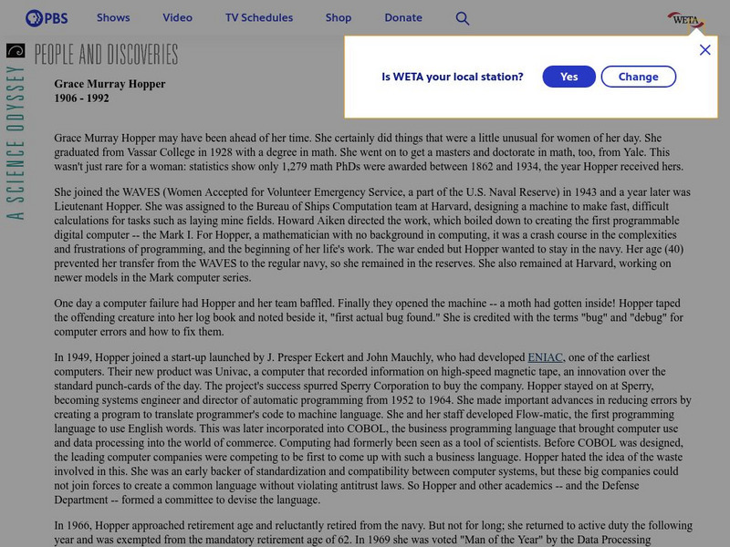 Pbs: People and Discoveries: Grace Murray Hopper Handout Pbs: People and Discoveries: Grace Murray Hopper Handout