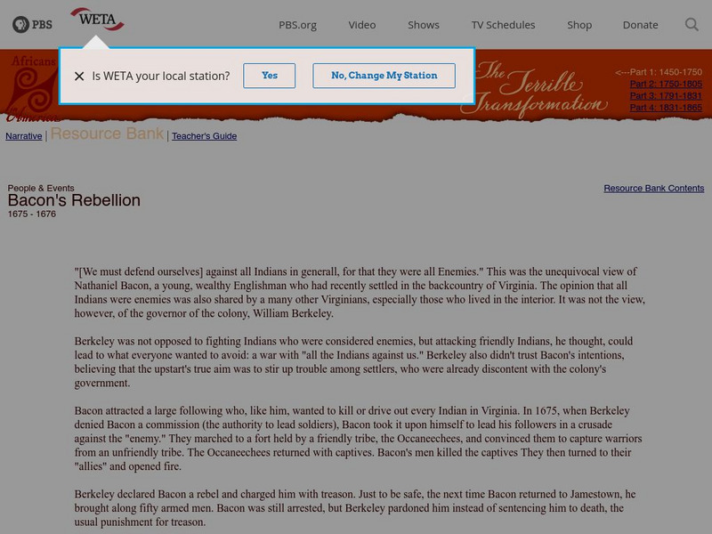 Africans in America: Bacon's Rebellion Article Africans in America: Bacon's Rebellion Article
