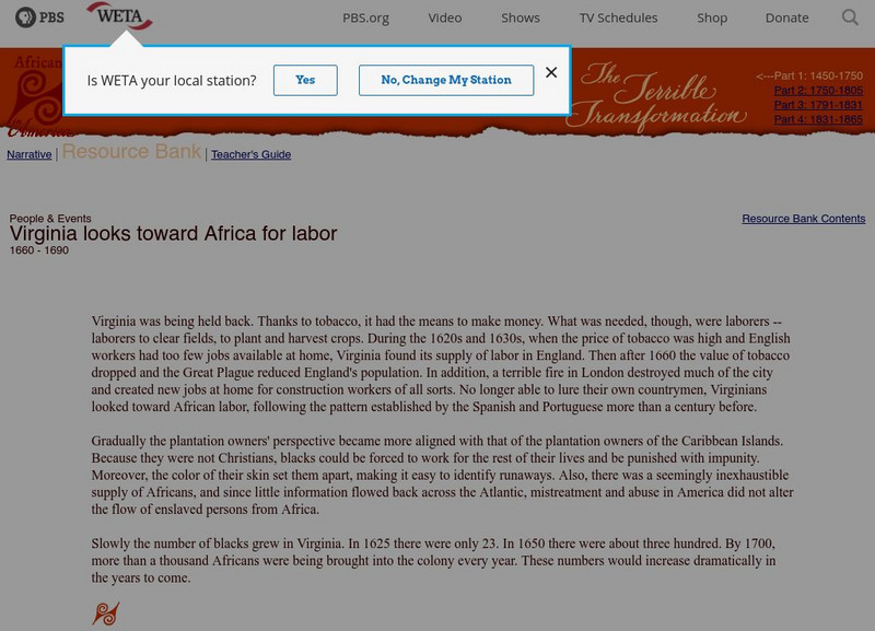 Africans in America: Virginia Looks Toward Africa for Labor Article Africans in America: Virginia Looks Toward Africa for Labor Article