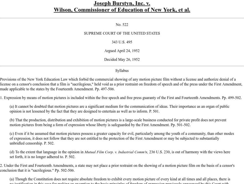 Boston College: Joseph Burstyn, Inc. V. Wilson (1952) Primary Boston College: Joseph Burstyn, Inc. V. Wilson (1952) Primary