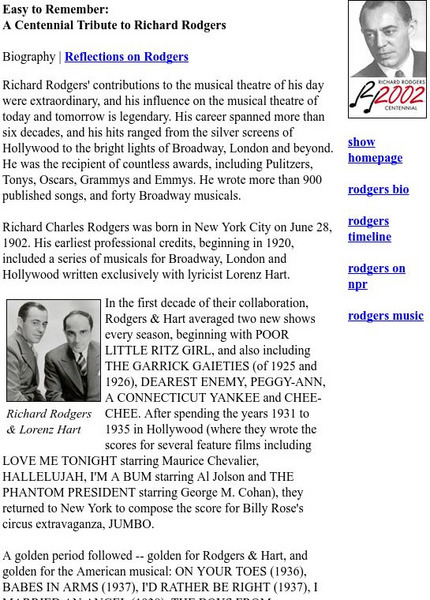 Npr: A Centennial Tribute to Richard Rodgers Handout Npr: A Centennial Tribute to Richard Rodgers Handout