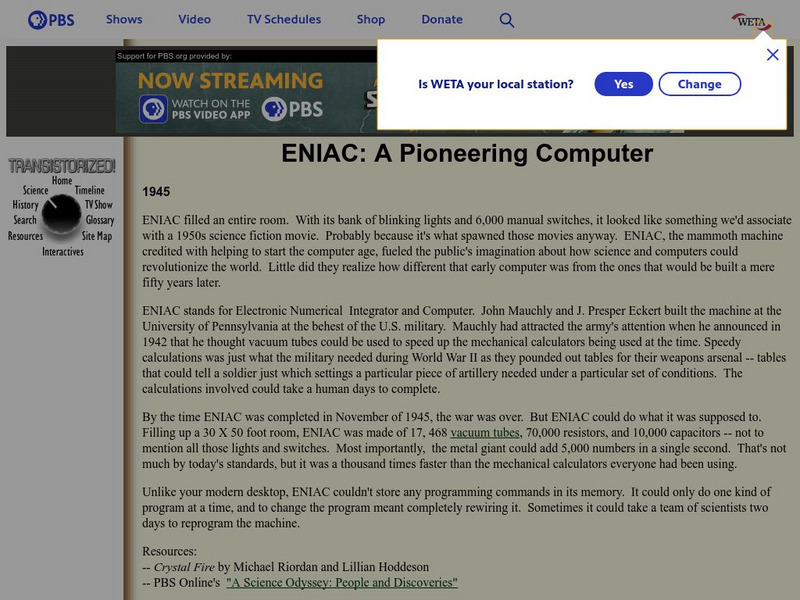 Pbs: Eniac: A Pioneering Computer Handout Pbs: Eniac: A Pioneering Computer Handout