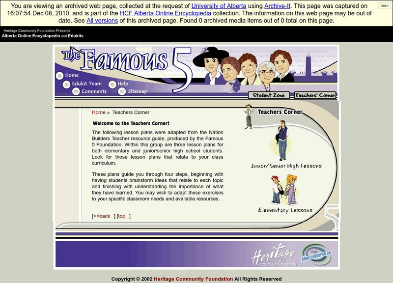 Alberta Online Encyclopedia: Famous 5 Heritage Edukit: Teacher Corner Handout Alberta Online Encyclopedia: Famous 5 Heritage Edukit: Teacher Corner Handout