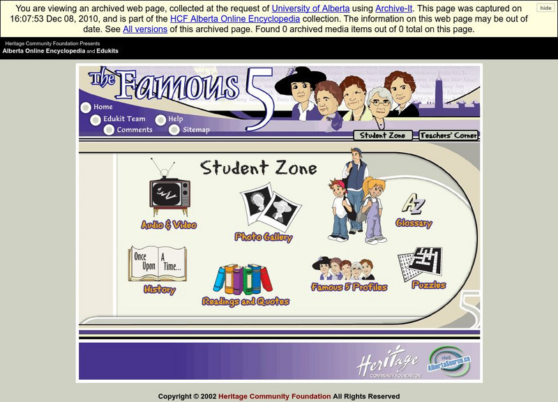 Alberta Online Encyclopedia: Famous 5 Heritage Edukit: Student Zone Handout Alberta Online Encyclopedia: Famous 5 Heritage Edukit: Student Zone Handout