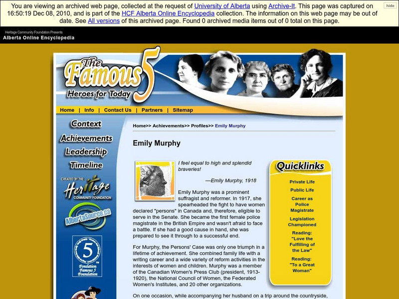 Alberta Online Encyclopedia: The Famous 5: Heroes for Today: Emily Murphy Handout Alberta Online Encyclopedia: The Famous 5: Heroes for Today: Emily Murphy Handout