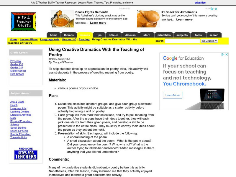 Ato Zteacherstuff: Dramatics With the Teaching of Poetry Lesson Plan Ato Zteacherstuff: Dramatics With the Teaching of Poetry Lesson Plan