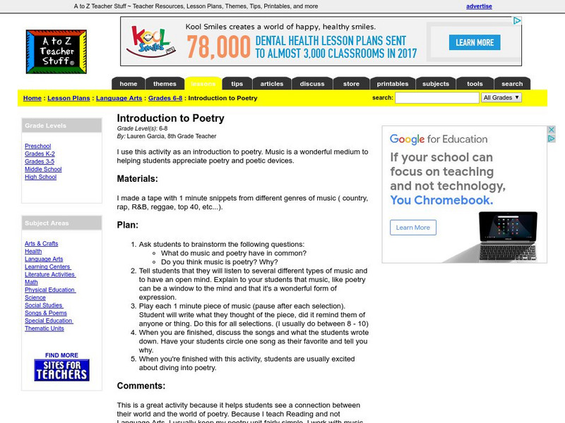 A to Z Teacher Stuff: Introducation to Poetry (Activity) Lesson Plan A to Z Teacher Stuff: Introducation to Poetry (Activity) Lesson Plan