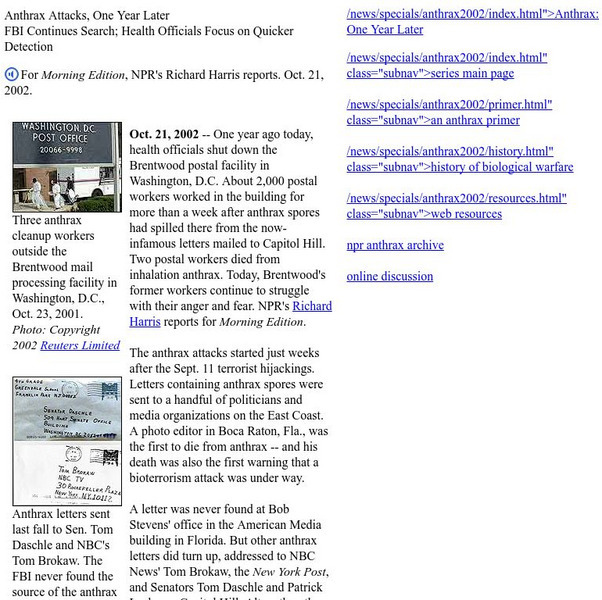Npr: Morning Edition: Anthrax Attacks, One Year Later Audio Npr: Morning Edition: Anthrax Attacks, One Year Later Audio