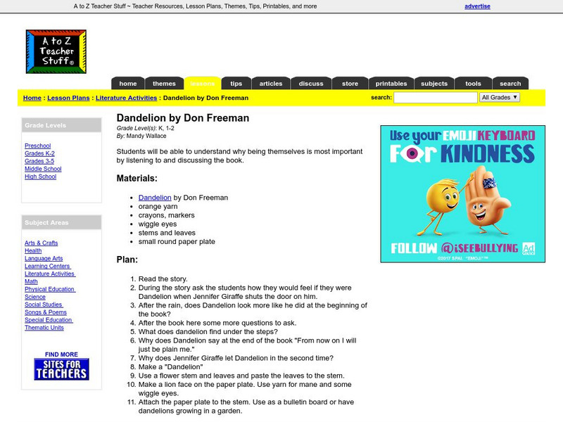 A to Z Teacher Stuff: Dandelion by Don Freeman (Lesson) Lesson Plan A to Z Teacher Stuff: Dandelion by Don Freeman (Lesson) Lesson Plan