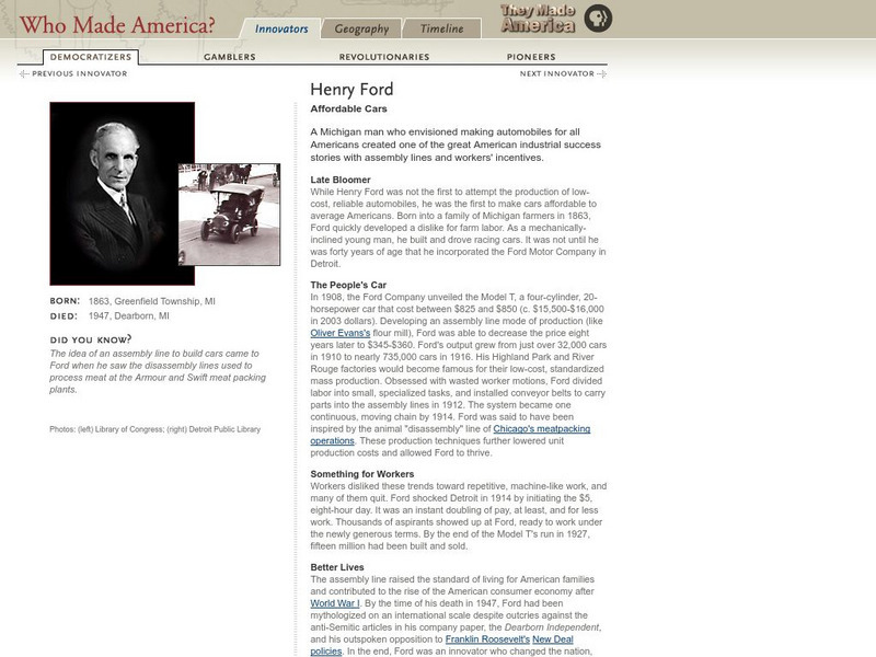 Pbs: Who Made America?: Innovators: Henry Ford Activity Pbs: Who Made America?: Innovators: Henry Ford Activity