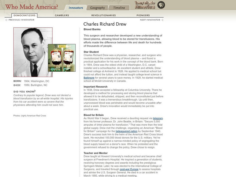 Pbs: Who Made America?: Innovators: Charles Richard Drew Handout Pbs: Who Made America?: Innovators: Charles Richard Drew Handout