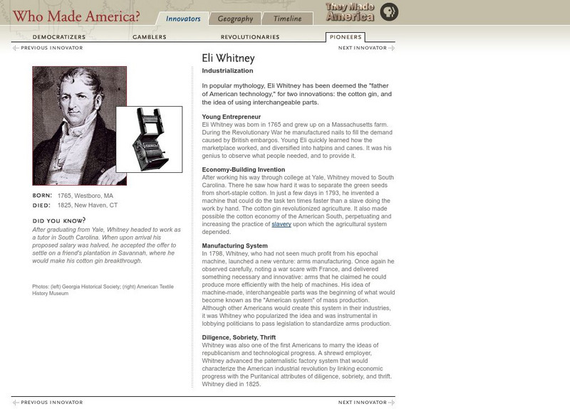 Pbs: Who Made America?: Innovators: Eli Whitney Handout Pbs: Who Made America?: Innovators: Eli Whitney Handout