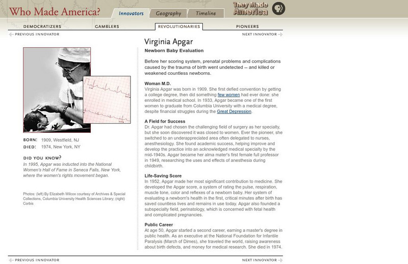 Pbs: Who Made America?: Innovators: Virginia Apgar Handout Pbs: Who Made America?: Innovators: Virginia Apgar Handout