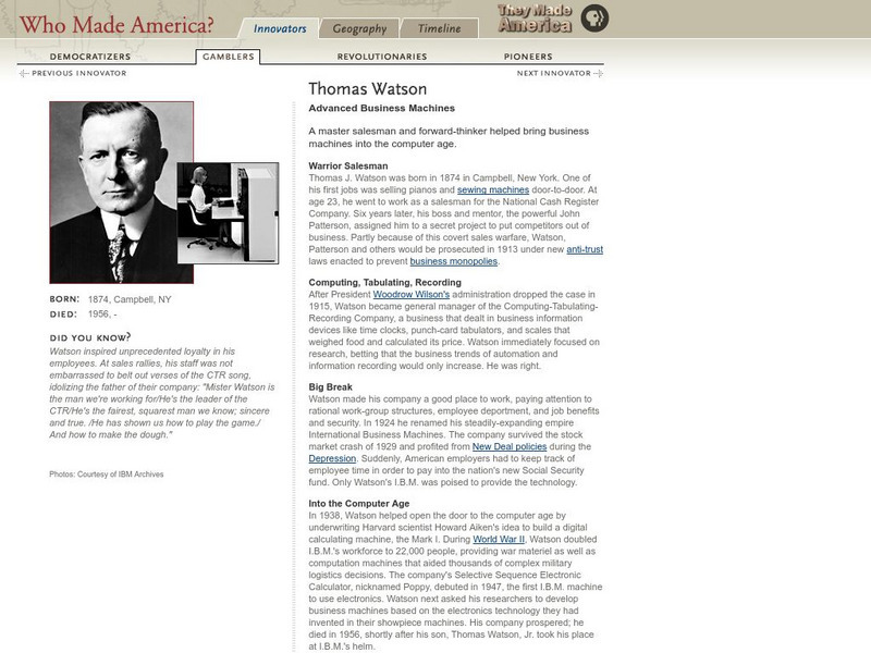 Pbs: Who Made America?: Innovators: Thomas Watson Handout Pbs: Who Made America?: Innovators: Thomas Watson Handout