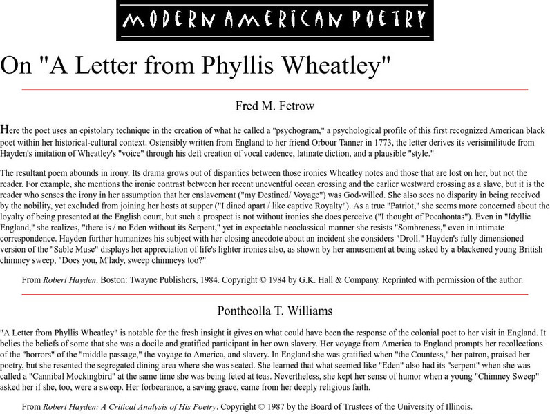 University of Illinois: On "A Letter From Phillis Wheatley" Website University of Illinois: On "A Letter From Phillis Wheatley" Website