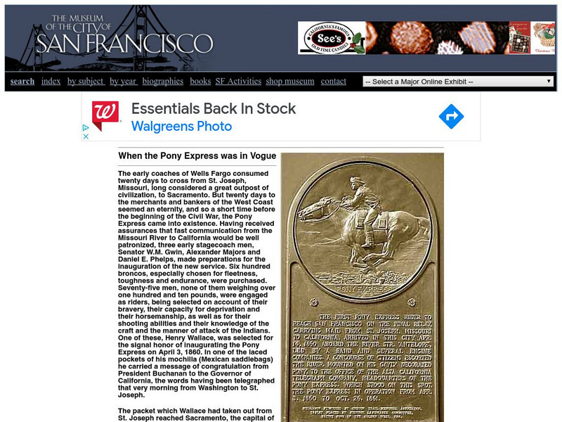 Virtual Museum of the City of San Francisco: When the Pony Express Was in Vogue Handout Virtual Museum of the City of San Francisco: When the Pony Express Was in Vogue Handout