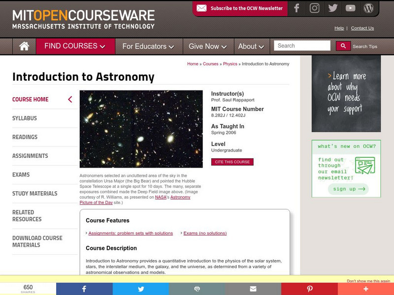 Mit: Open Course Ware: Courses: Physics: Introduction to Astronomy Online Course Mit: Open Course Ware: Courses: Physics: Introduction to Astronomy Online Course