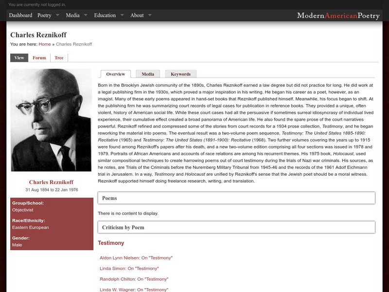 University of Illinois: Charles Reznikoff Modern American Poetry Links Website University of Illinois: Charles Reznikoff Modern American Poetry Links Website