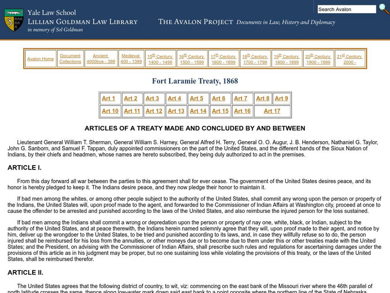 Avalon Project: Fort Laramie Treaty, 1868 Primary Avalon Project: Fort Laramie Treaty, 1868 Primary
