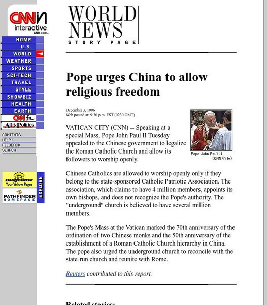Cnn: Pope Urges China to Allow Religious Freedom Article Cnn: Pope Urges China to Allow Religious Freedom Article