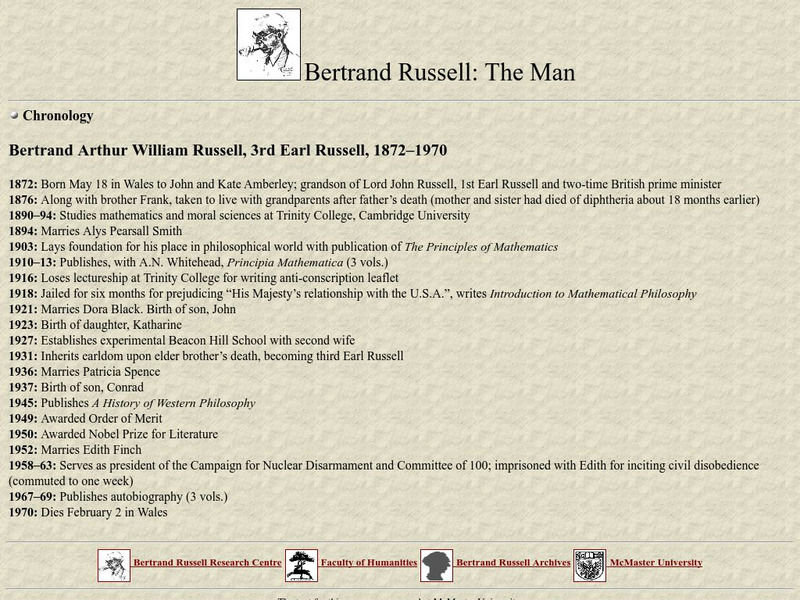 Mc Master University: Bertrand Russell: The Man/ Chronology Website Mc Master University: Bertrand Russell: The Man/ Chronology Website