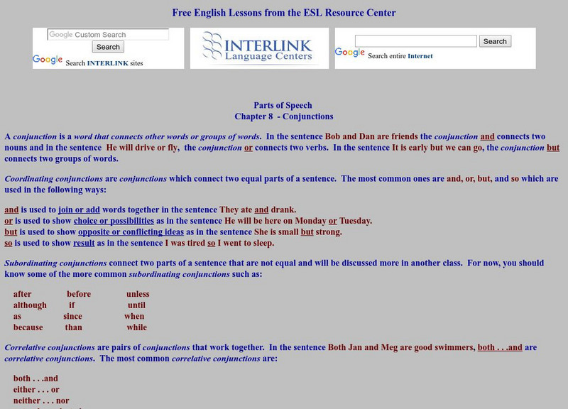 Interlink: Parts of Speech: Conjunctions Handout Interlink: Parts of Speech: Conjunctions Handout
